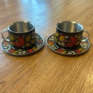 Hand painted floral stainless steel cup and saucer set